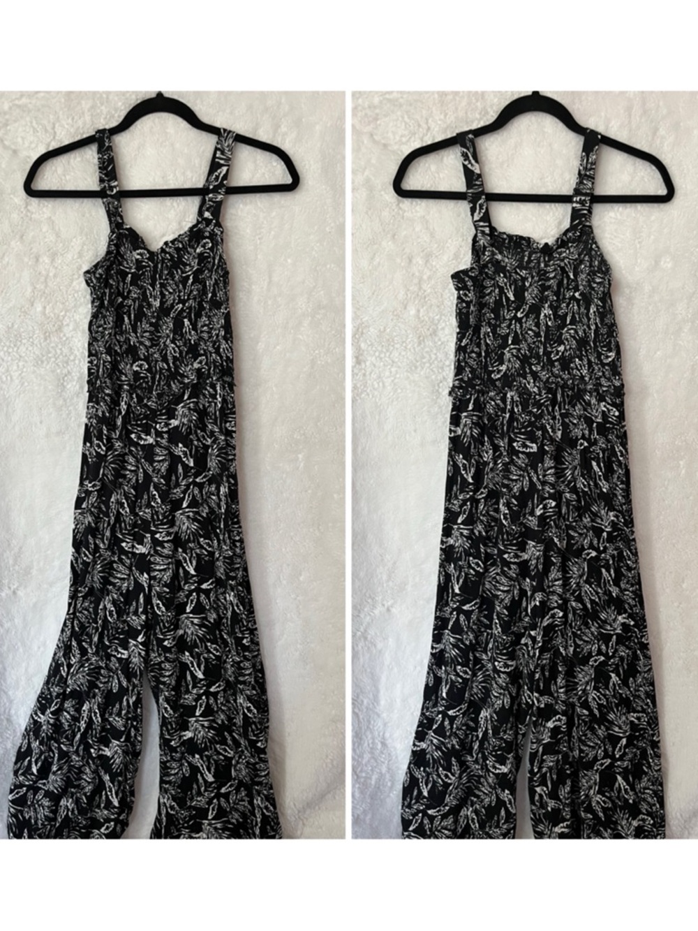 Black & White Leaf-Print Wide-Leg Jumpsuit with Adjustable Straps